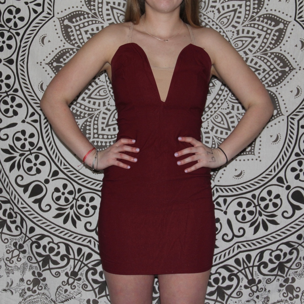strapless maroon mini dress